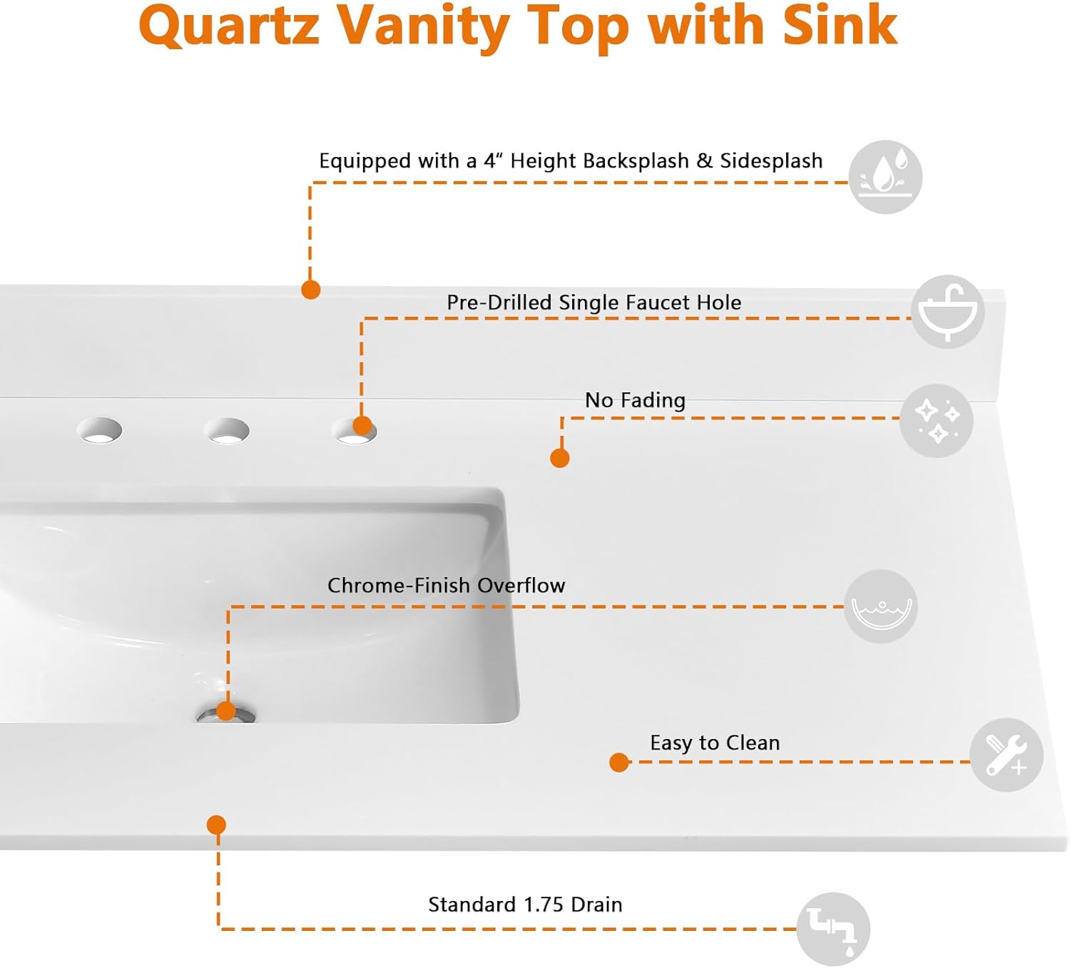 48" x 22" Vanity Top, Quartz Vanity Sink Top in Pure White, with One Sidesplash & One Backsplash, with Undermounted Sink,8 Inch Faucet Hole Spread for Vanity Top with Sink