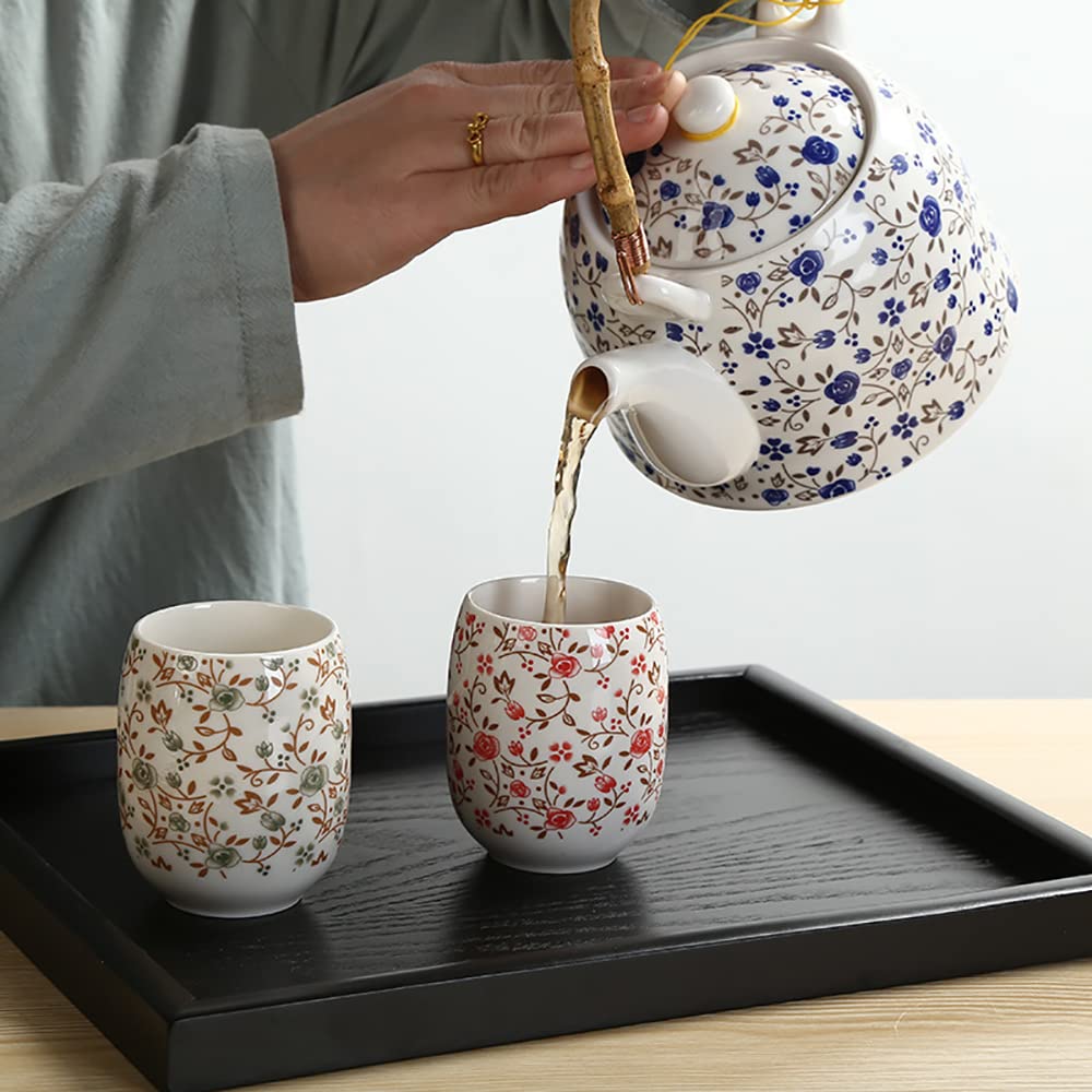 Service à thé en porcelaine florale faite à la main - Service à thé chinois Kung Fu - 1 théière et 6 tasses à thé chinois en céramique (avec plateau à thé)