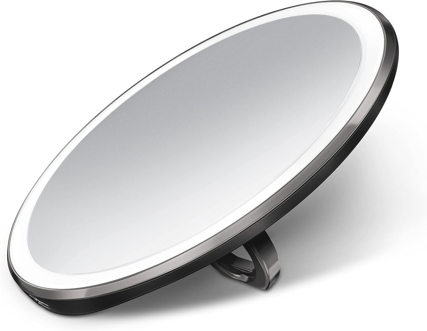 Size Medium simplehuman Sensor Mirror, Lighted Compact Makeup Magnifying Mirror with Light, Round, Travel Size, Black Stainless Steel