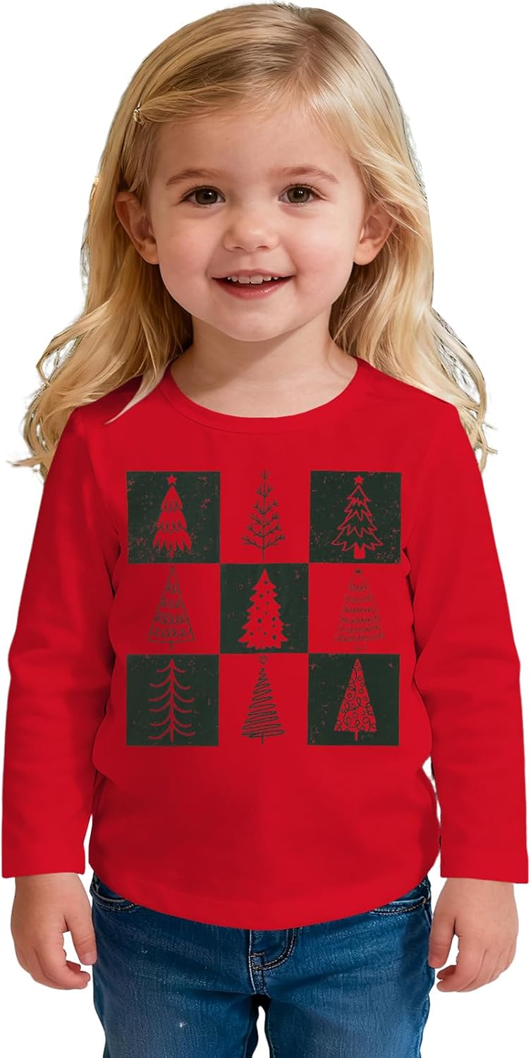 BOUTIKOME Toddler Christmas Shirts Baby Boys Girls Retro Xmas Tree Tees Long Sleeve T-Shirt Holidays Tops Clothes Outfits