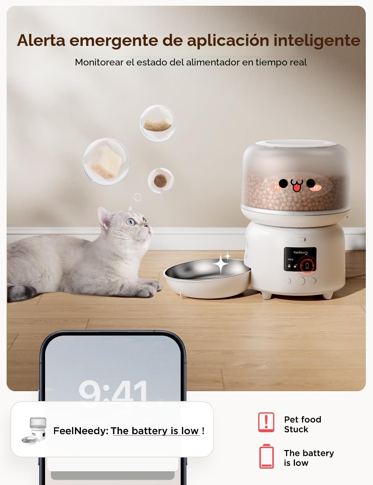 FEELNEEDY Comedero Gato Automático 2.4G Wi-Fi, Dispensador Comida Gatos con Control de App, hasta 10 Comidas/36 Porciones al Día, Tazón para Gatos de Acero Inoxidable, 3L