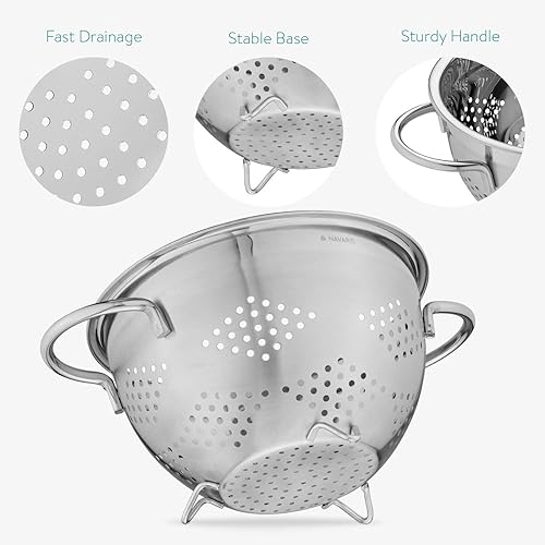 Miniatura 3 de Navaris Colador de acero inoxidable de 2.8L  3 cuartos de galón - Colador de metal con agujeros grandes y asas para pasta, espaguetis, verduras,