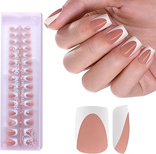 Brown Deep French Tip Press on Nails, 150Pcs White French Press On Nail Short Square,Pre-Applied Primer & Top Coat,4 in 1 Gel Nail Tips,Soak off Acrylic Fake Nail Extensions 15 Size