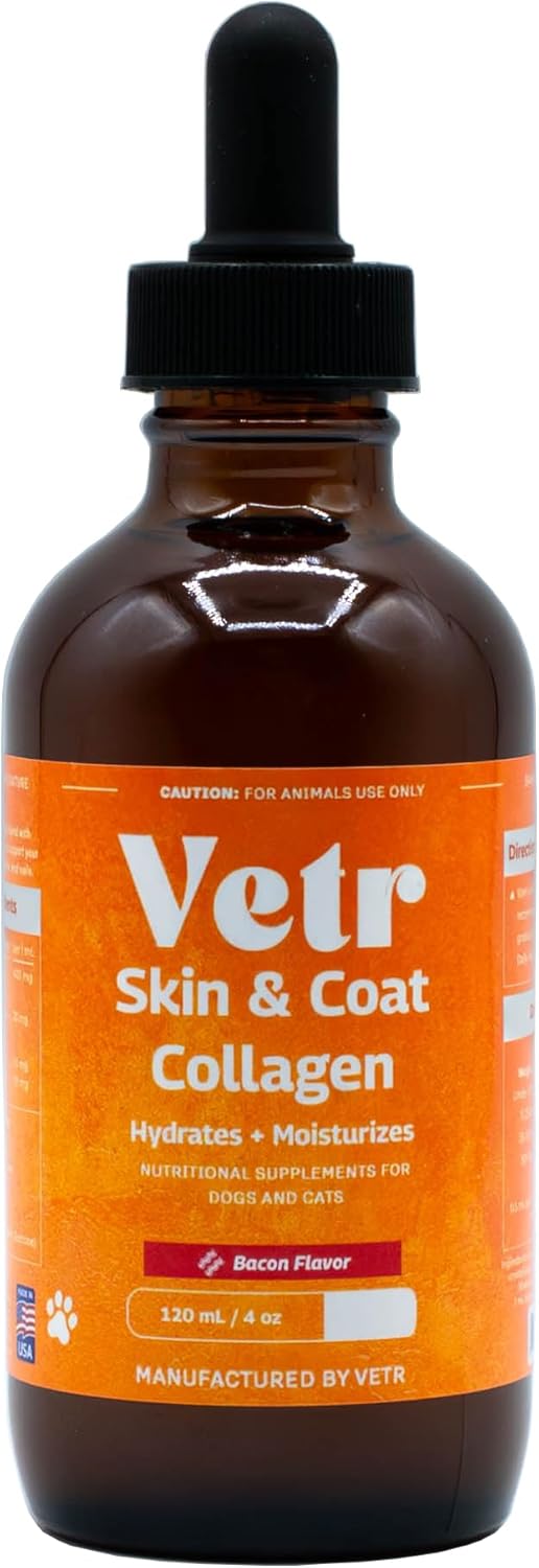 Vetr Skin & Coat Collagen for Dogs - Bacon Flavored Liquid Supplement - Supports Healthy Skin & Shiny Coat - 4 oz (120mL) - Vet-Formulated in USA
