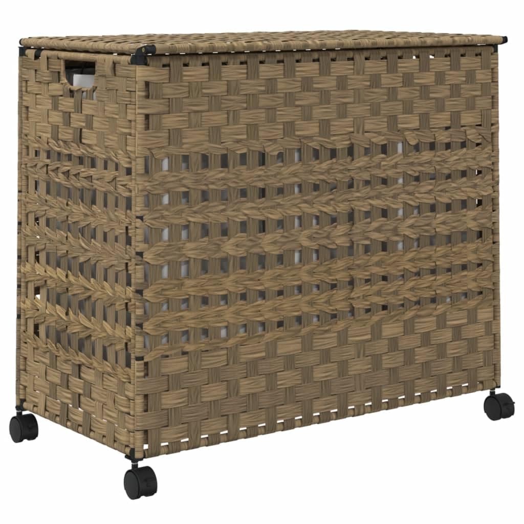 Wäschekorb mit Rollen aus Rattan 66 x 35 x 60 cm, handgewebt mit Deckel, 3 Fächer, Innenbeutel, Bremsrollen und Klappdesign für Bad, Schlafzimmer und Waschküche