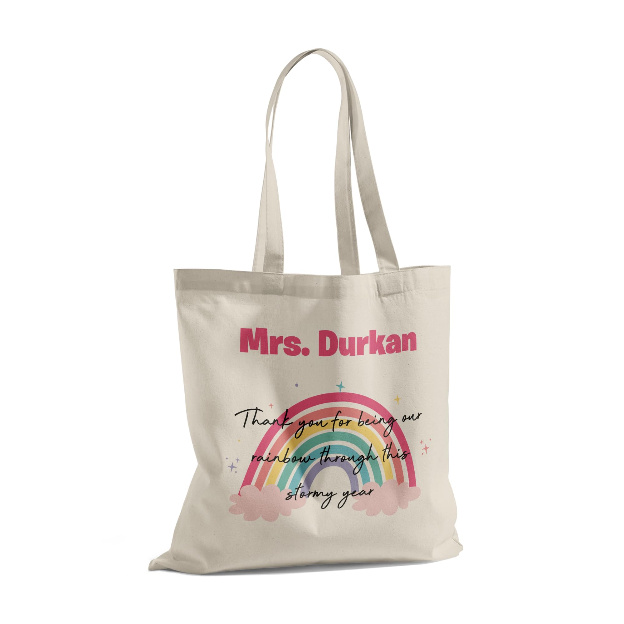 Print Maniacs Personalised Teacher Tote Shopping Book Bag Assistant Carrier Reuse School Pupil Student Thank you Gift Present (Rainbow-Stormy Year)