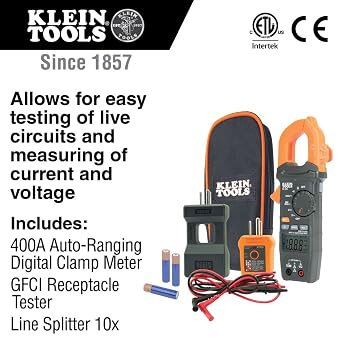 Klein Tools Electrical Test Kit with Clamp Meter, GFCI Tester, Line Splitter, Magnetic Hanger and Accessories