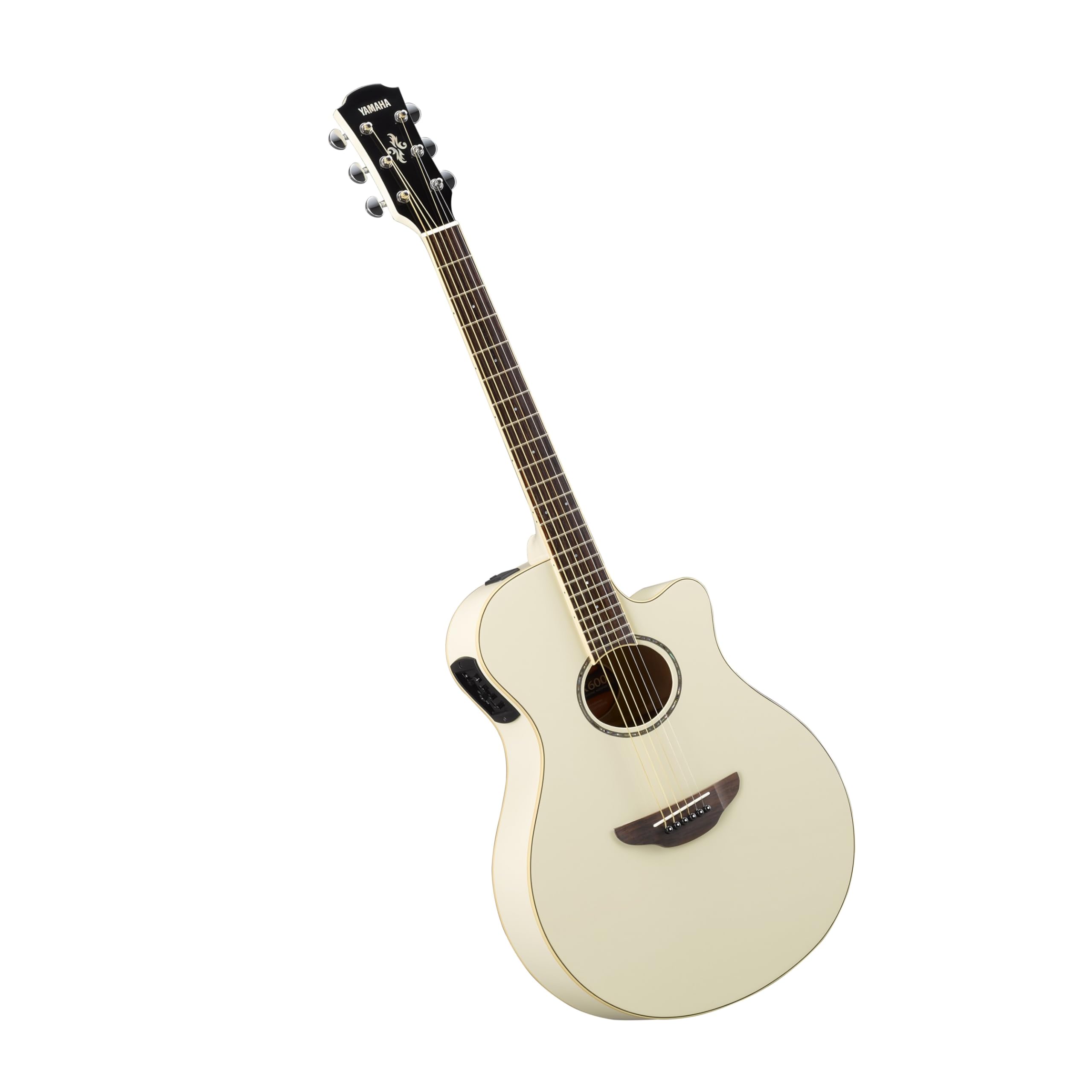 YAMAHA APX600 Elektroakustik-Gitarre – Schlanker Thinline-Korpus, 25" Mensur, System65 Tonabnehmer, 3-Band EQ, Integriertes Stimmgerät, Ovales Schallloch – Vintage White