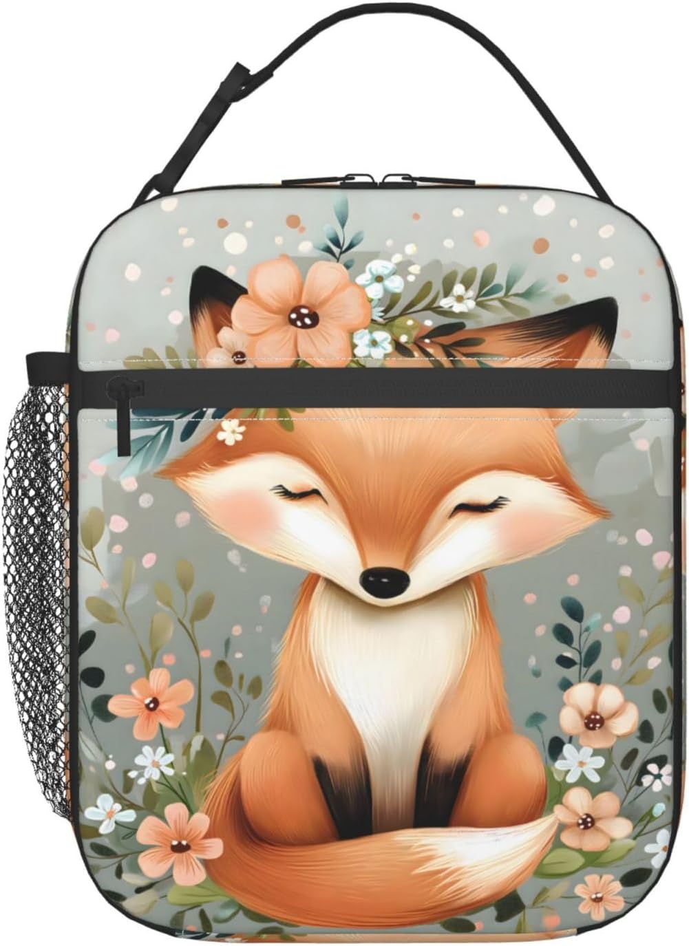 Reusable Cute Flower Fox Lunch Box for Kids, Insulated Floral Bag,Polyester Cooler Animal Lovers Handbags Case for School Picnic Work Travel Beach or Hiking, Gifts