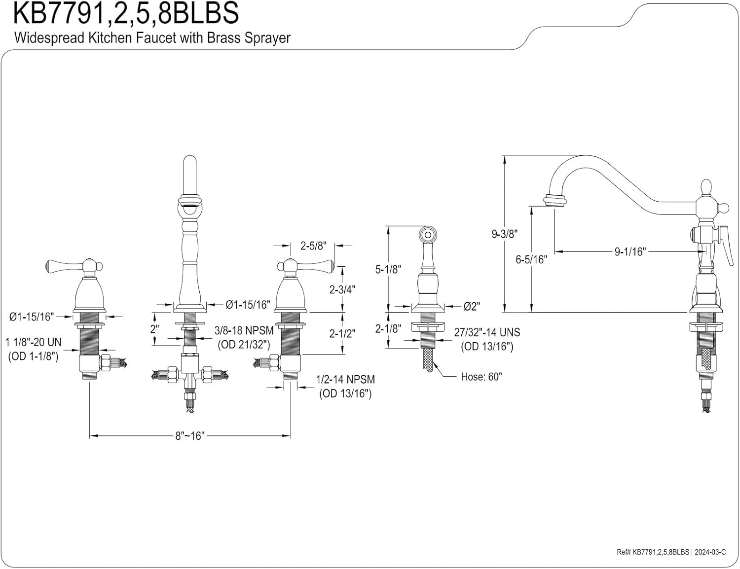 Kingston Brass KB7795BLBS English Country 8-Inch Widespread Kitchen Faucet with Brass Sprayer, Oil Rubbed Bronze