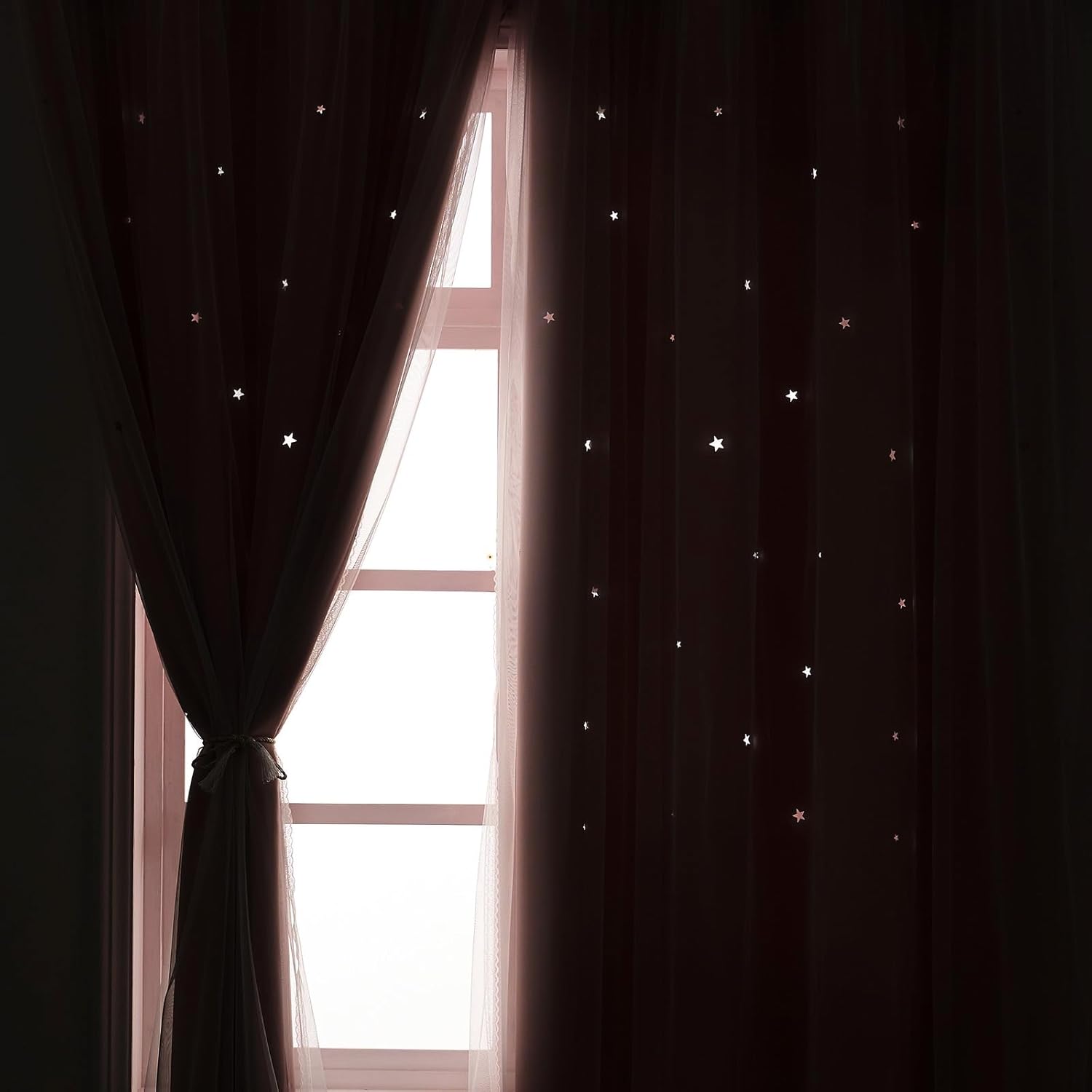 Light Pink Blackout Curtains for Girls Bedroom - Aesthetic Star Cutout Double Layer with White Sheer Overlay, 84 Inch Length 2 Panels Cute Curtain Baby Nursery Teens Room Decor Drapes