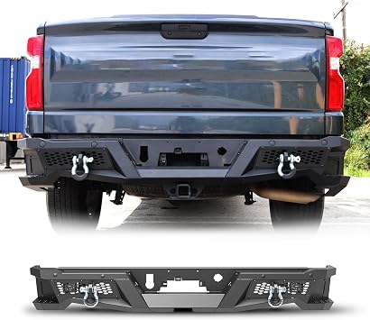 Rear Bumper for 2019-2025 Chevrolet Silverado 1500/ GMC Sierra 1500, Pickup Truck Back Bumper w/Sensor Mouting Hole, Step Plate, 2x LED Lights, 2x D-rings, Black Texture