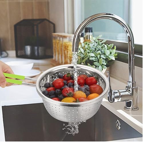 Miniatura 5 de Colador perforado de acero inoxidable con mango largo verde tamiz tamices de uso para cocina, alimentos, pasta, fideos, espagueti, verduras, plata,