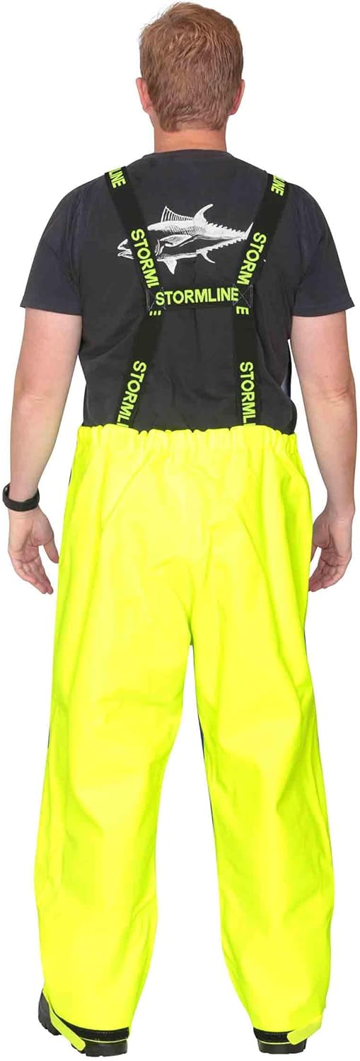 Stormline Crew 654 Heavy Duty Commercial Fishing Rain Gear Bib and Brace Pants Made with 650gsm PVC in Blue and Yellow