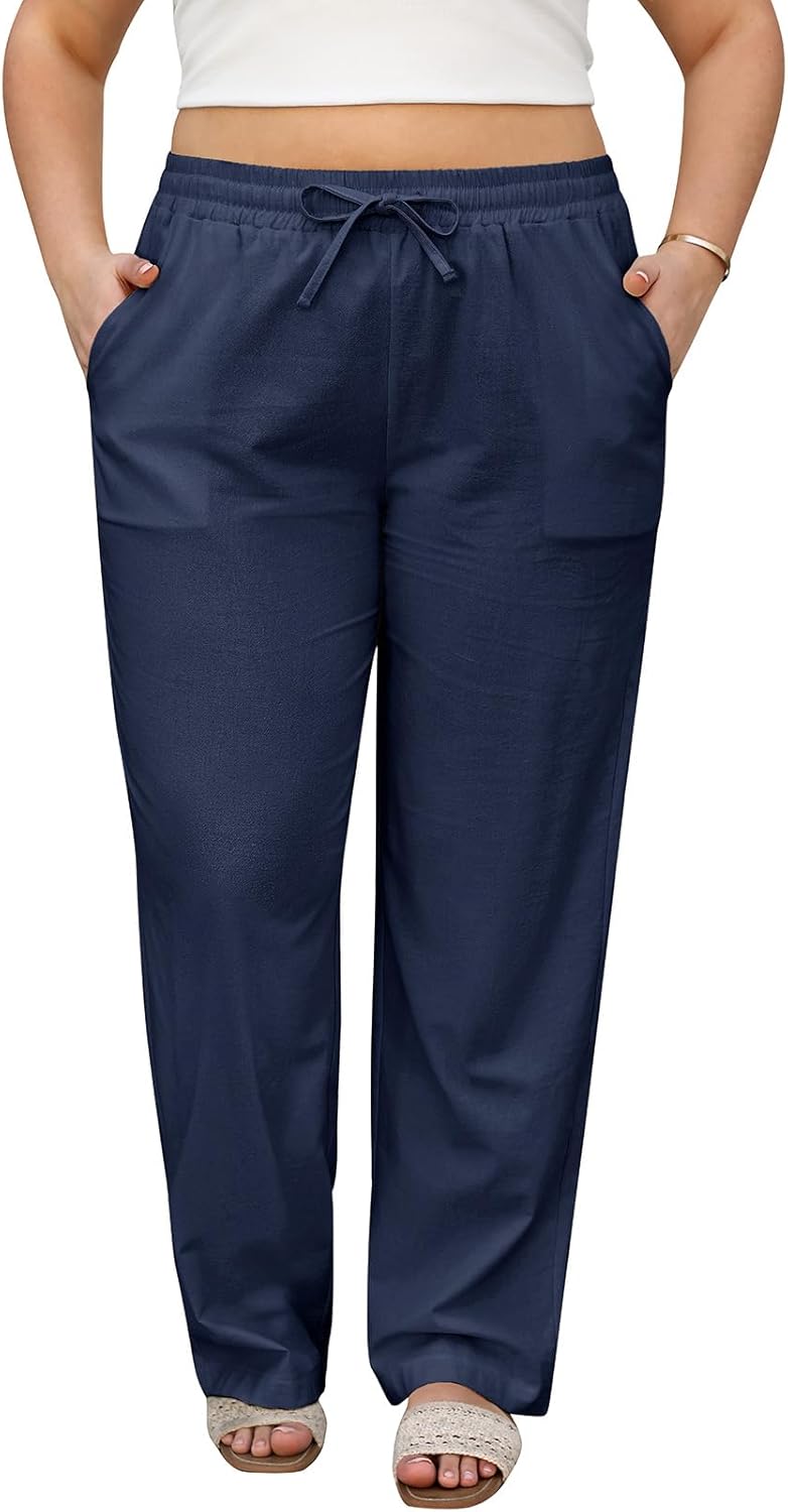 HEEKPEK Womens Plus Size Linen Pants Straight Leg Elastic Waisted Adjustable Drawstring Palazzo Casual Trousers with Pockets