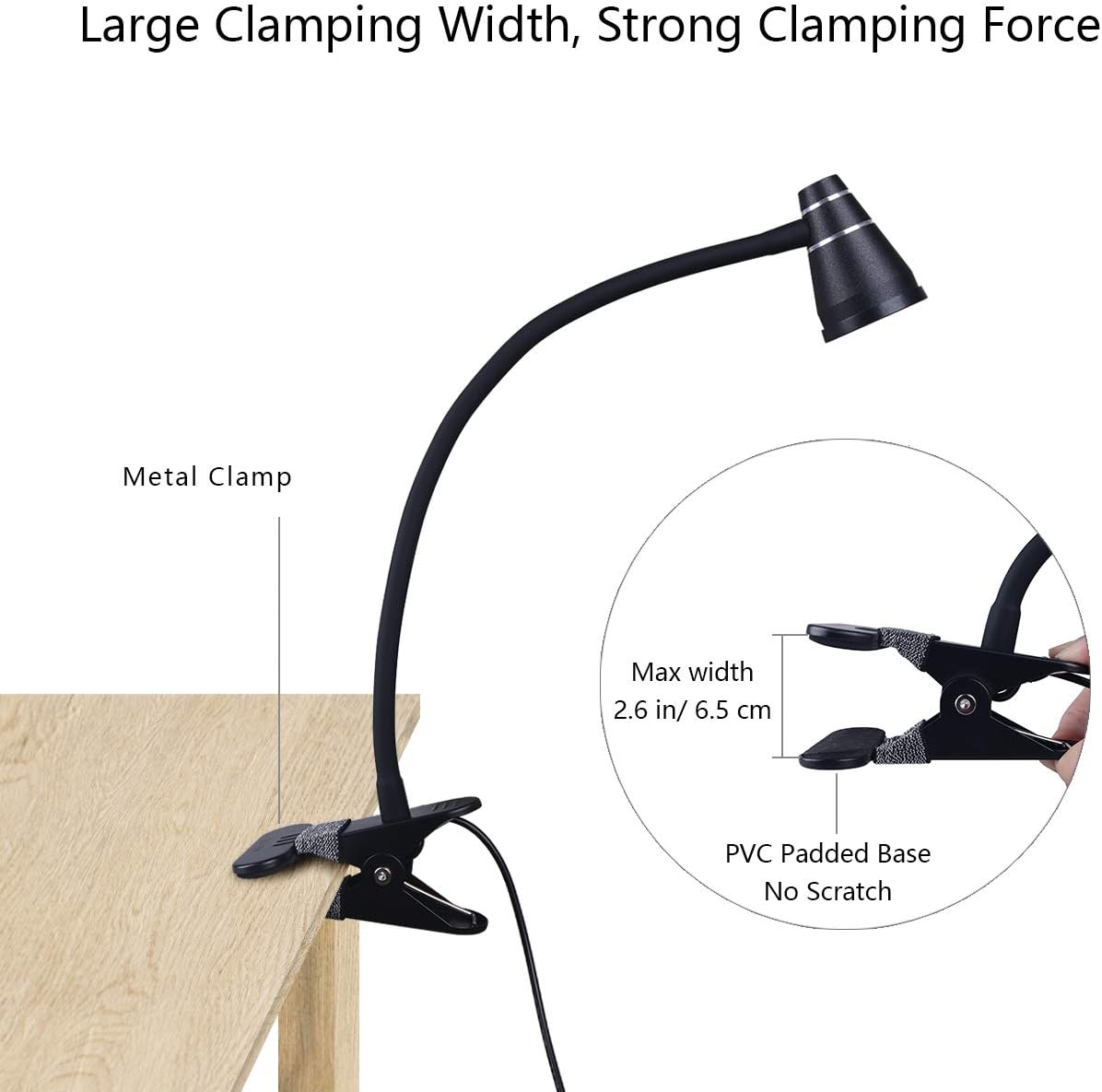 CeSunlight LED Clip Desk Lamp, Headboard Light with Strong Clamp, Bed Reading Light with 3000k-6500K Adjustable Color Temperature Options for Brighter Illumination (Black)