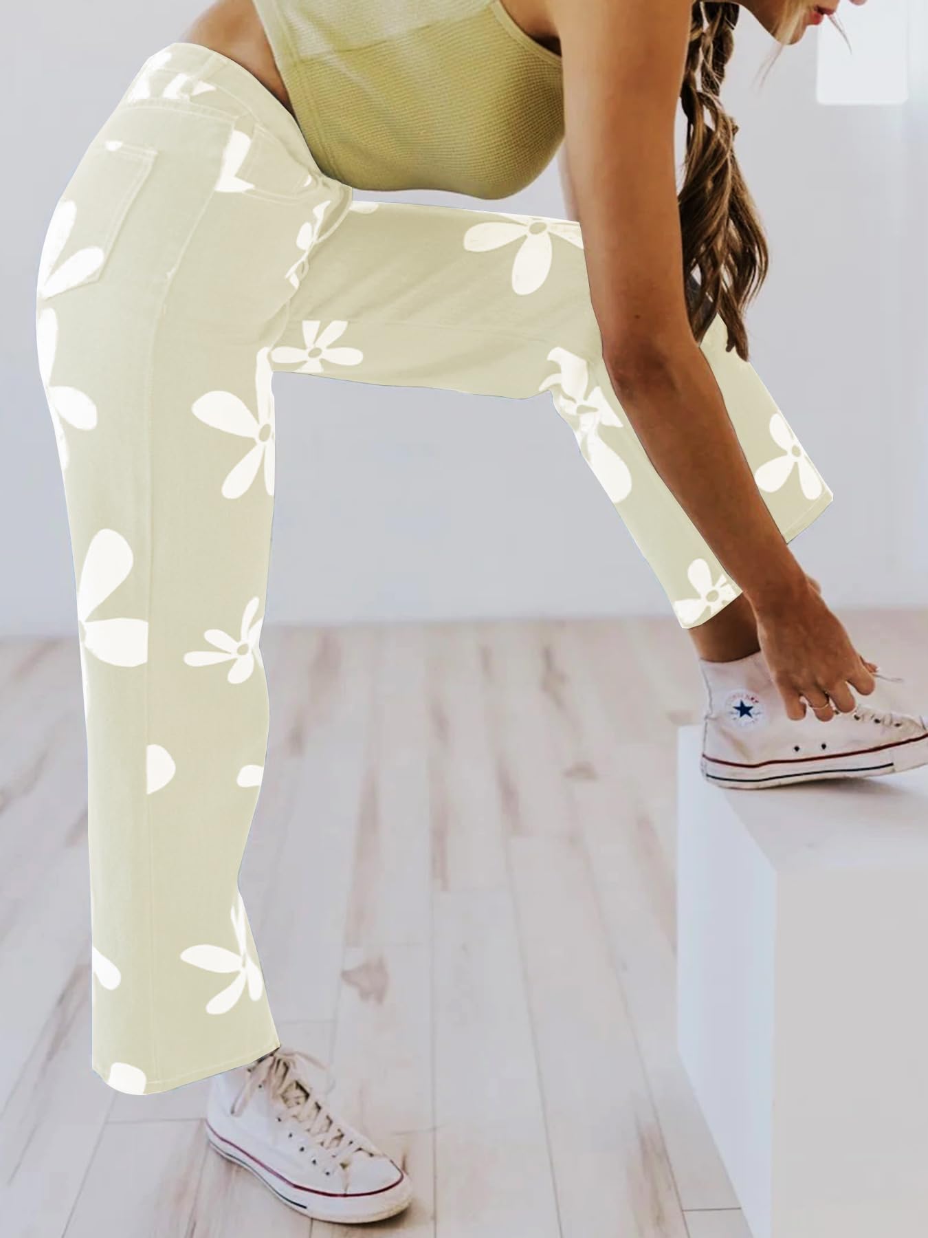 Women's Flower Print Y2K Fashion Wide Leg High Waist Denim Pants Boyfriend Jeans Loose Fit Vintage Jeans for Teen Girls