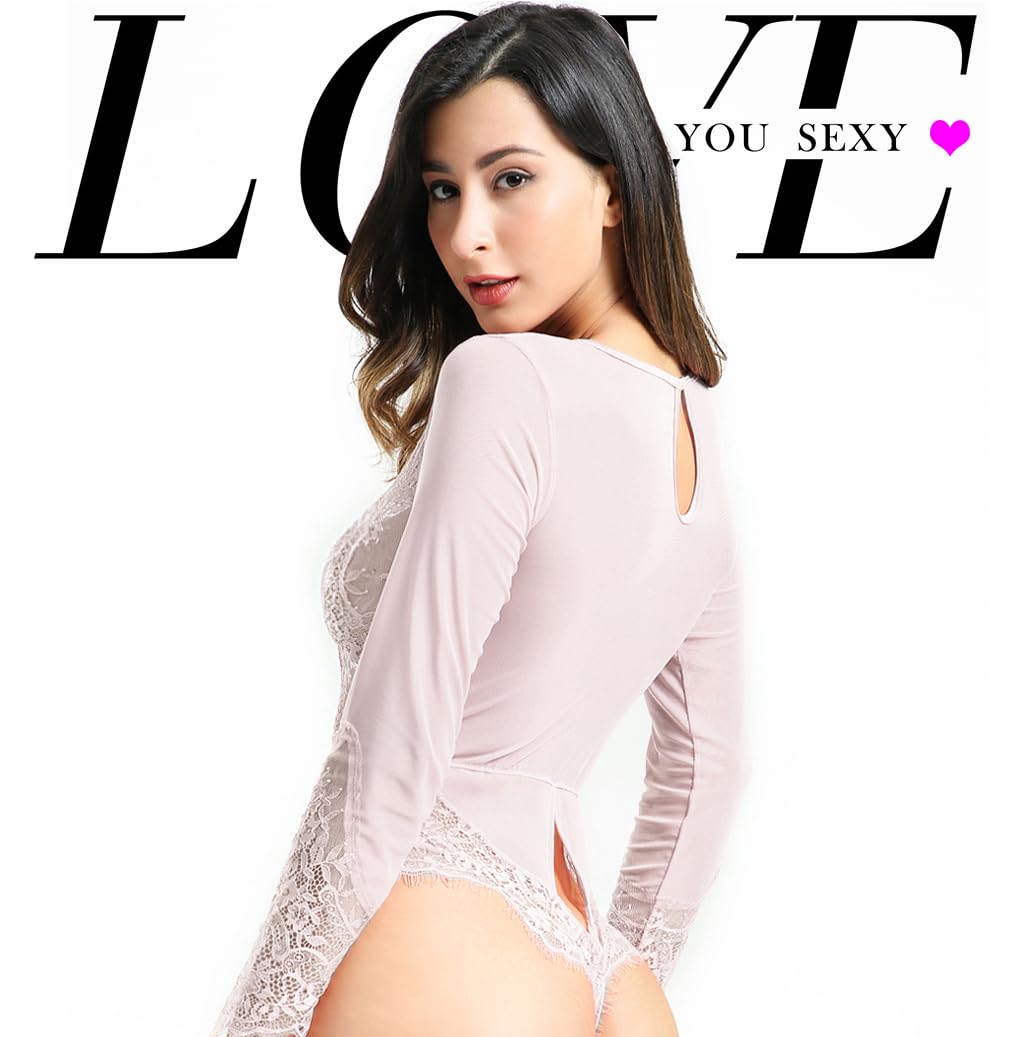 LOVE YOU SEXY Women Lace Lingerie,Long sleeves Bodysuit,Deep V Sheer Mesh Teddy Lingerie: Small Bridal White