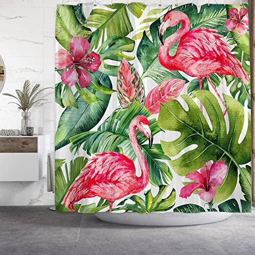 Onecmore Flamingo Shower Curtain Watercolor Green Tropical Leaves Palm Leaf Pink Floral Animal Modern Art For Home Bathroom Decor Fabric Polyester Bathtub Shower Curtains With Hooks Durable 72"X72" #TOP4
