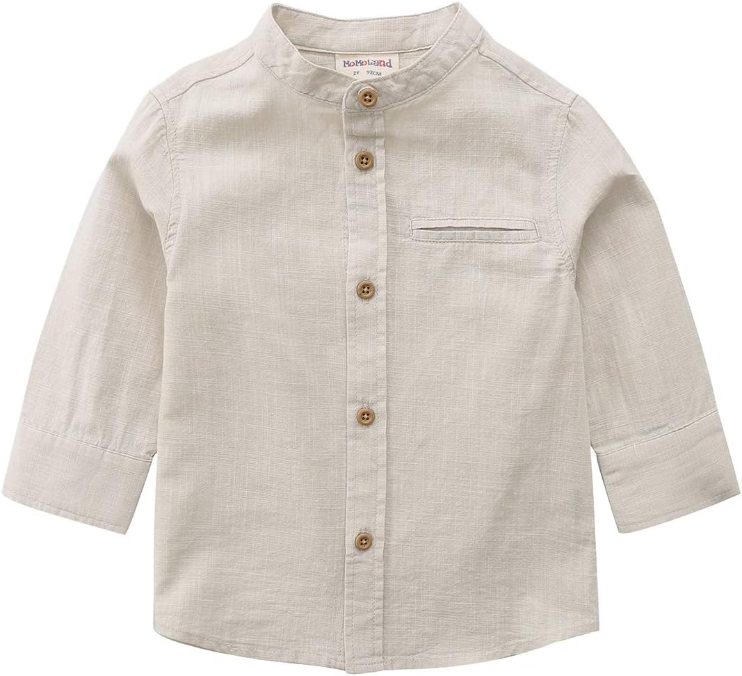 MOMOLAND Little Big Boys Long Sleeve Woven Cotton Button Down Linen Design Shirt Solid Printed