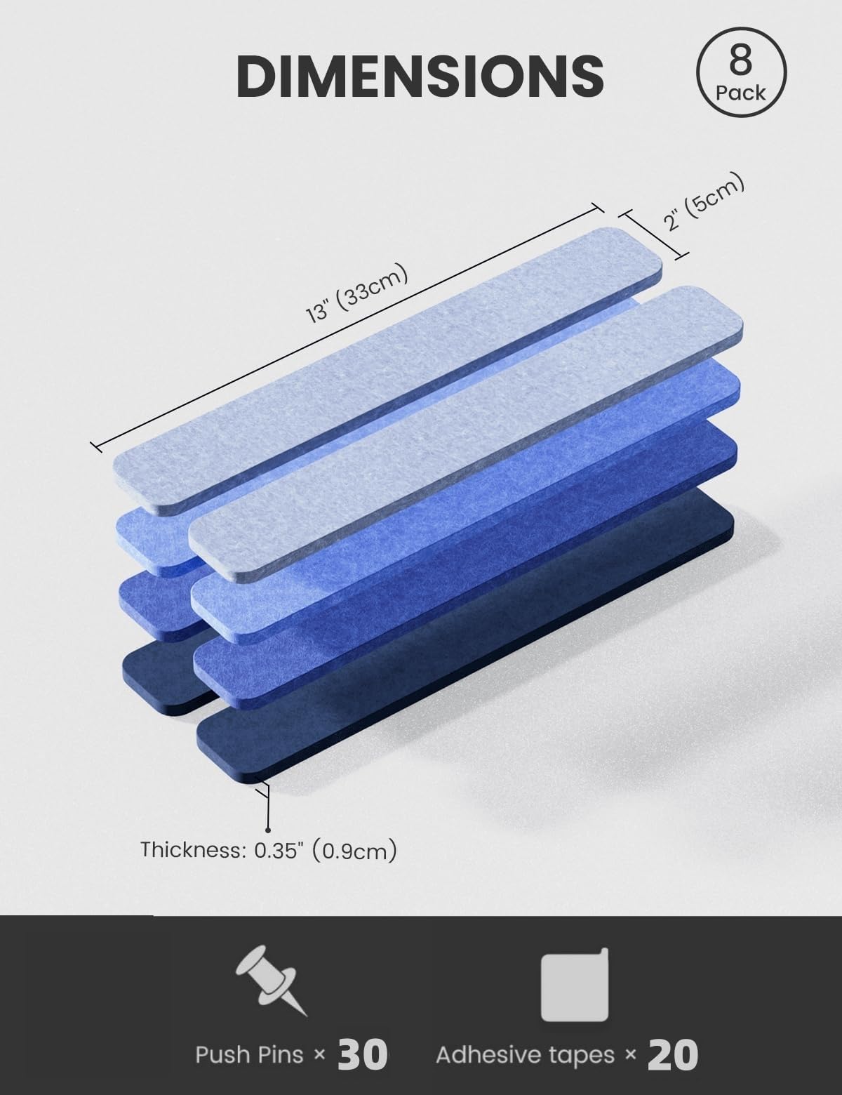 Pizarra de Felpa para Oficina 13x2 pulgadas, Juego de 8 Paneles de Felpa Adhesivos con 30 Chinchetas, Pizarra de Fotos/Memo/Anuncios para Escuela, Casa, Cocina - Denim Mist