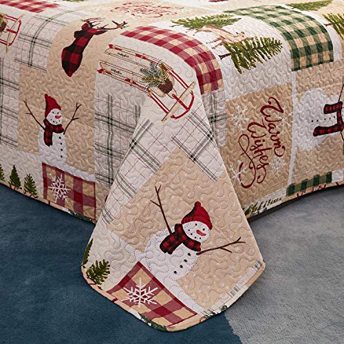 Christmas Quilt Set King Size Red Green Plaid Patchwork Quilt Set Lightweight Bedspread Coverlet Snowman Pattern Bedding Bed Set Gift for Kids Girls Adults,1 Quilt,2 Pillow Shams