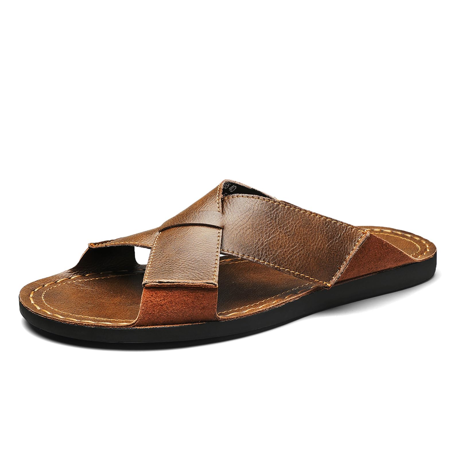 Sandalias de piel auténtica para hombre, cómodas, ligeras, abiertas, redondas, sin cordones, para exteriores, caminar, sandalias casuales de playa