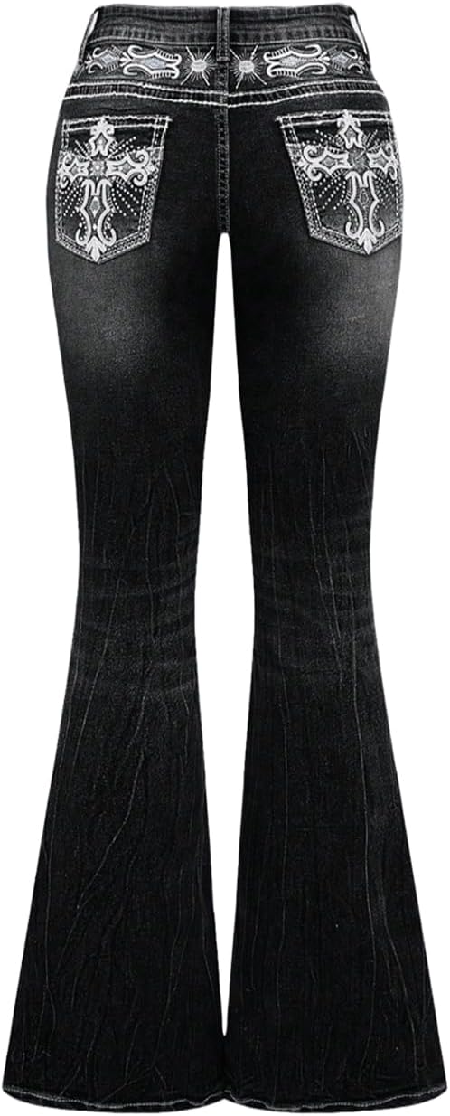 Grunge Punk Y2K Retro Poket Cross Embroidered Flare Leg Fitted Low Waist Jeans for Women, Bell Bottom Style