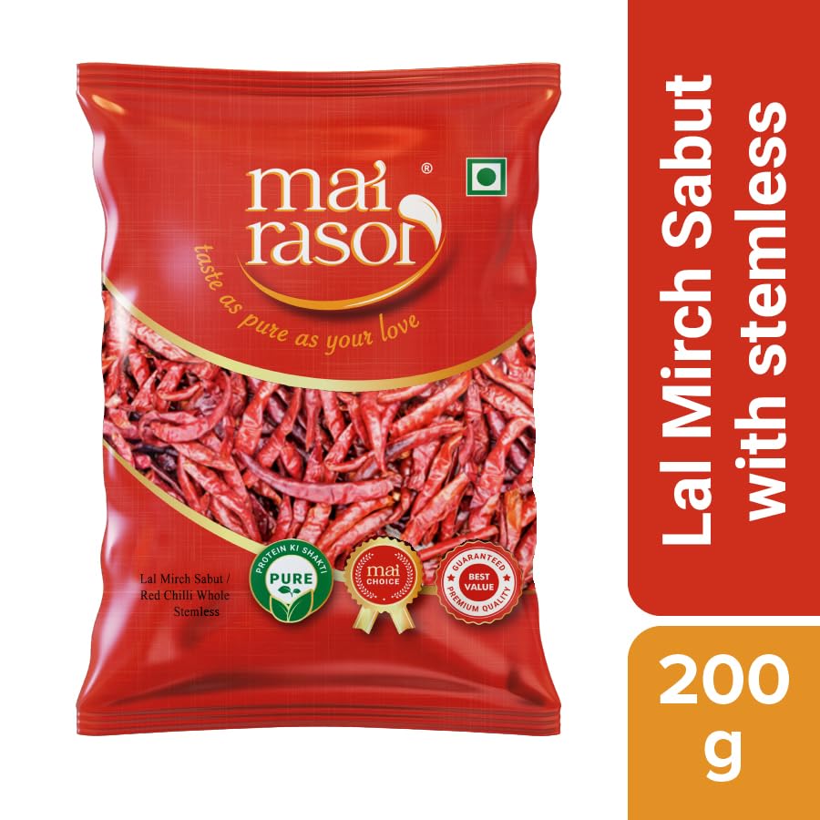 Image of MAI RASOI Lal Mirch Sabut /Red Chilli Whole 200 gm Stemless