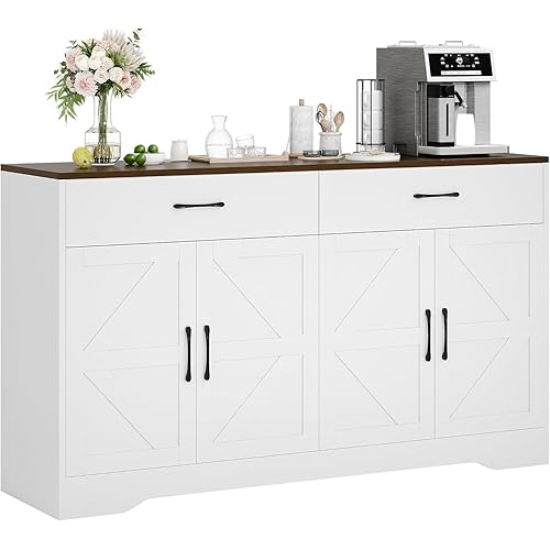 Sideboard Buffet Cabinet with Storage, Large Kitchen Storage Sideboard with Drawers & Doors, Modern Wood Farmhouse Coffee Bar Cabinet, Buffet Table for Kitchen, Living Room, White, 15.1"*55.1"*31.8"