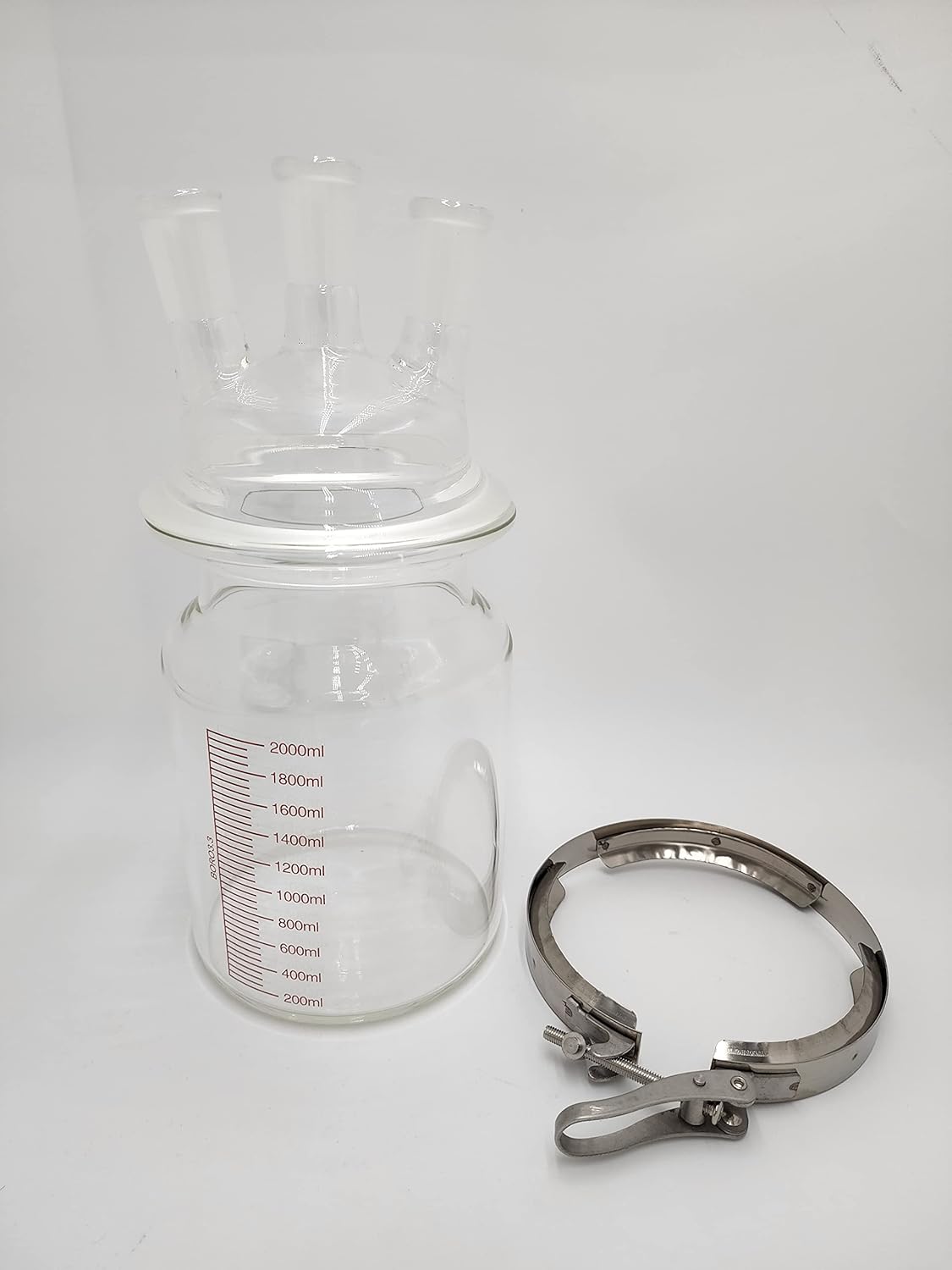Yantra 2 Liter or 2000mL 24/​40 3 Neck Glass Cylinder Reactor Reaction Flat Bottom Flask with Stainless Steel Clamp