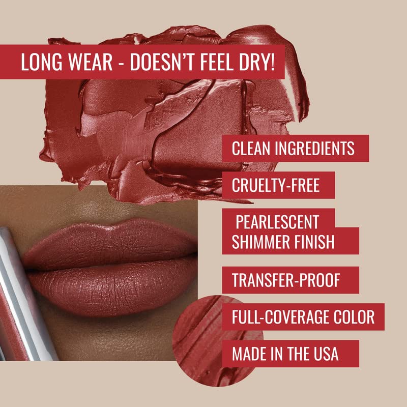 Miniatura 4 de Runway Rogue Pearl Glam - Lápiz labial líquido brillante de larga duración, lápiz labial rojo ladrillo cálido con brillo plateado y dorado,