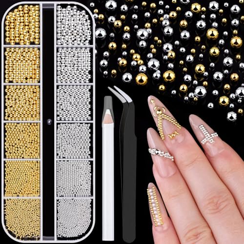 1-3MM Mini Small Nail Beads Metal Caviar Beads Silver Gold Nail Charms and Gems Ball Nail Balls for Nail Art Accessories Supplies Gold Rhinestones for Women Manicure