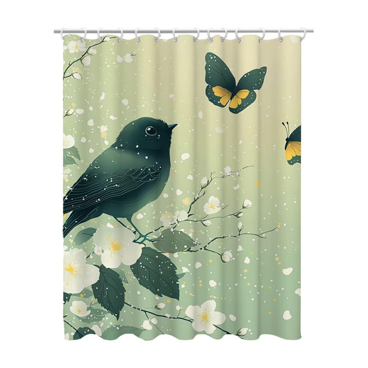 Duschvorhang Salbeigrün Duschvorhang 240x200, Duschrollo Vogel Shower Curtains Beschwerter Saum, Duschvorhänge Badewanne Waschbar Polyester Stoff, Wasserdicht mit 12 Haken, Geschenke für Frauen -3569