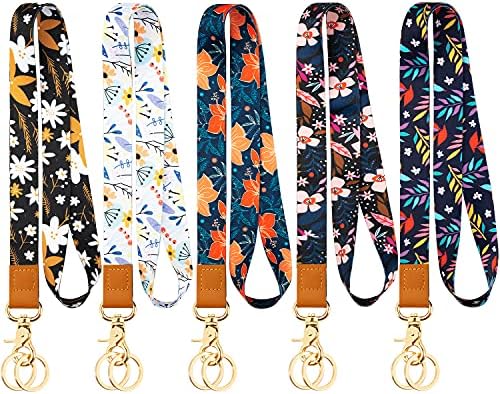 Sophena Lanyard for ID Badges Keys for Women Kids Teacher 5 Pack, Cute Car Key Neck Lanyards with Keychain Multicolor Flower Printed Double-sided