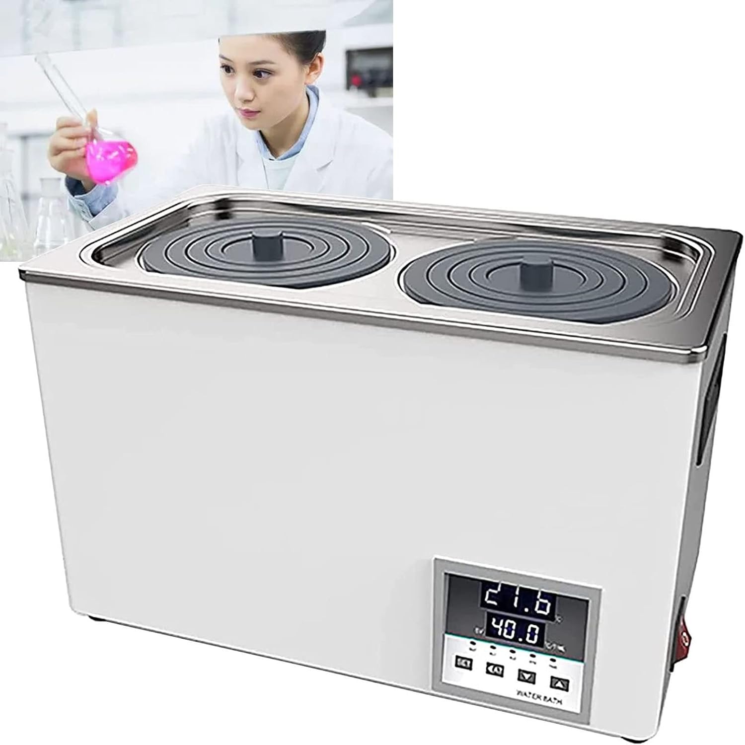 Double Holes Lab Digital Thermostatic Water Bath, RT 5-99.9°C, Stainless Steel Inner Tank Electric Heating Thermostatic Porous Water Bath, 0-999 Mins Timer