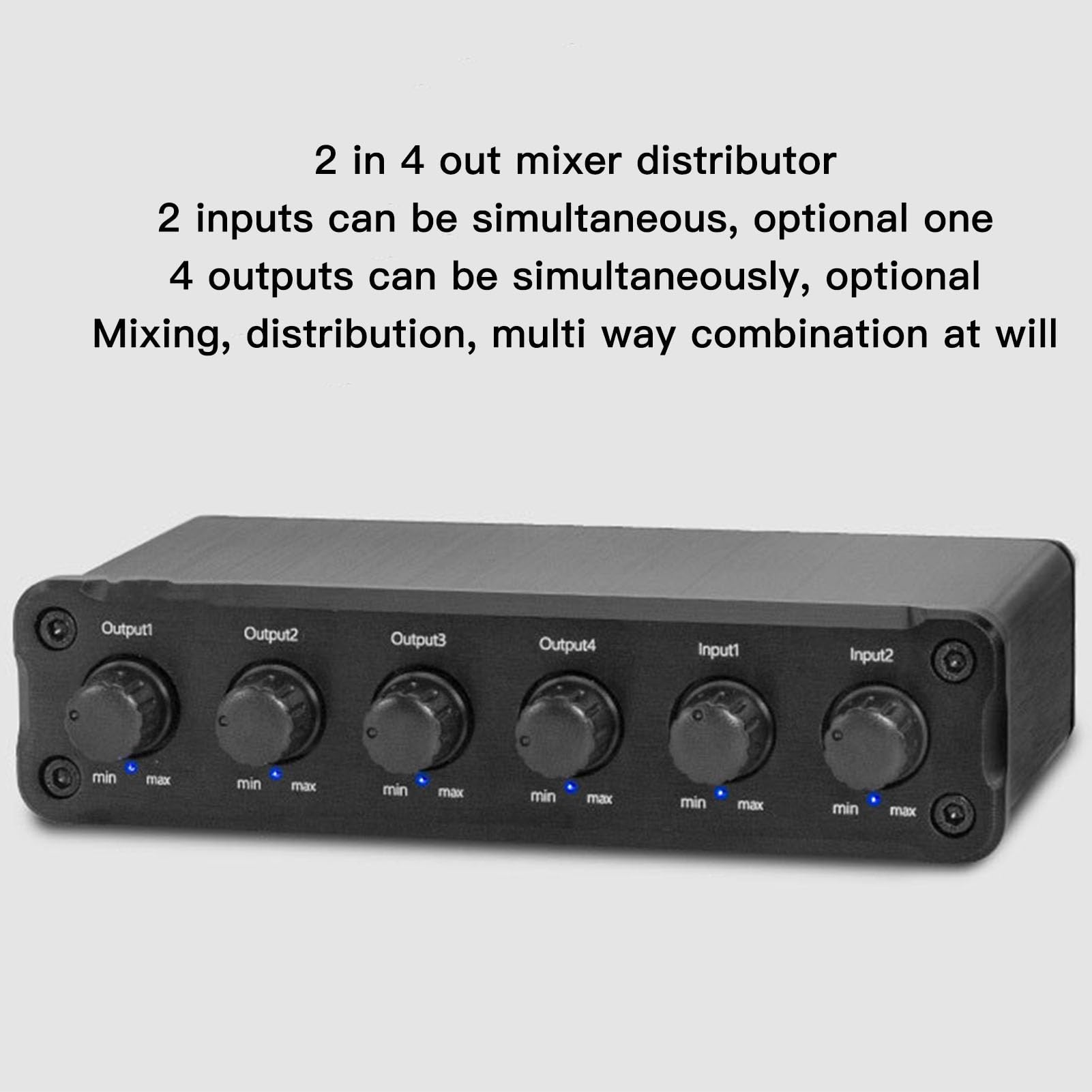 Distribuidor Mixto de Sonido 2 en 4 Salidas, Señal de Audio 2 Entradas 4 Salidas Mezclador Divisor, Volumen sin Pérdidas Ajustable Conector de Auriculares de 3,5 mm. 100‑240 V