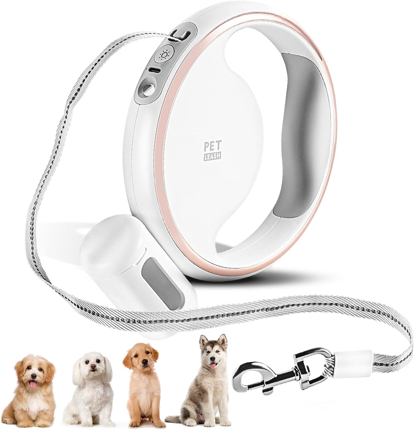 10ft Retractable Dog Leash with Anti-Slip Handle, LED Light, and Extra Poo Bag Space - 360° Tangle-Free, Suitable for Medium and Small Dogs up to 60 LBS - Innovative Donut Design for Nighttime Safety