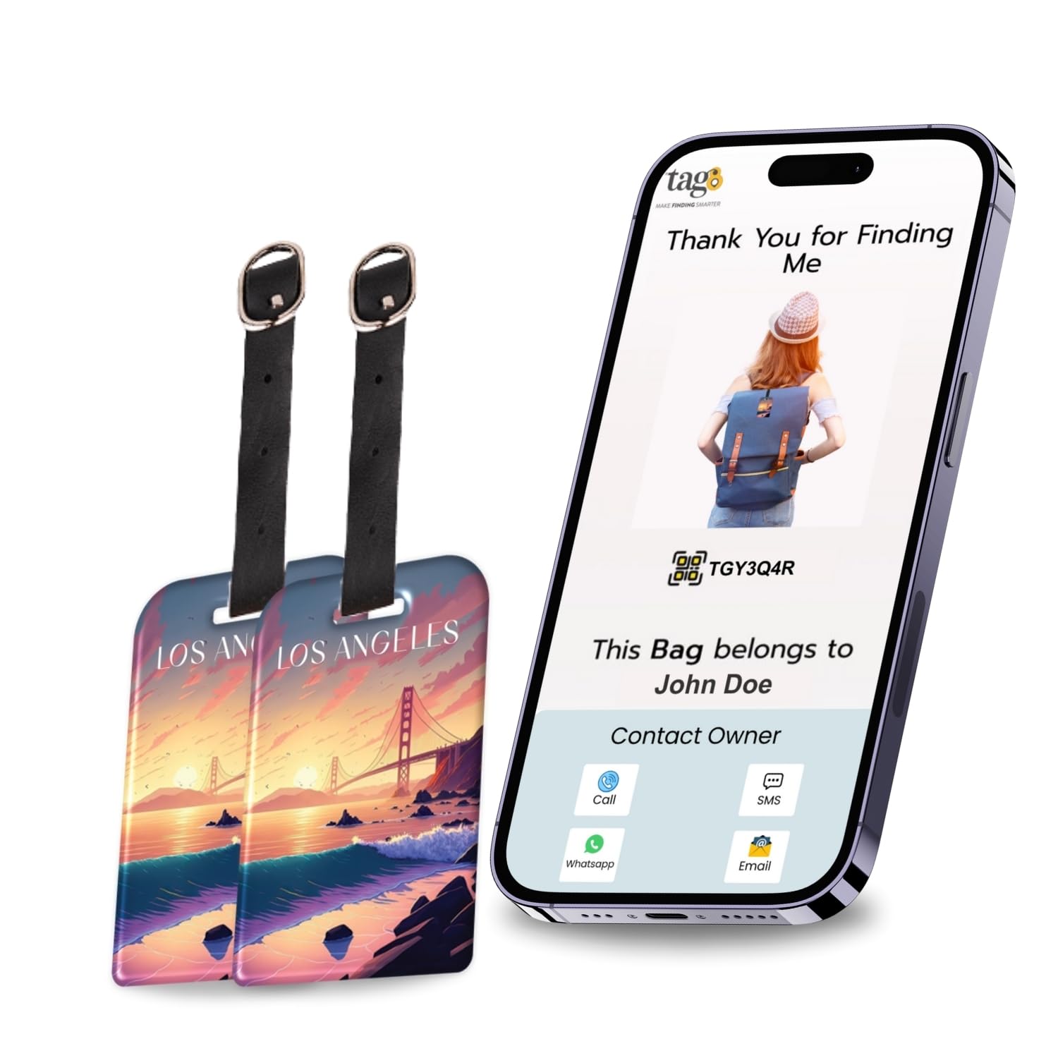 tag8[Pack 2] tag8 Los Angeles Smart Bag tag |Trendy Luggage tag ID Fashionable Digital Name tag | Airline Compliant, SITA World Tracer Code Enabled | Travel Gift idea, Collectible