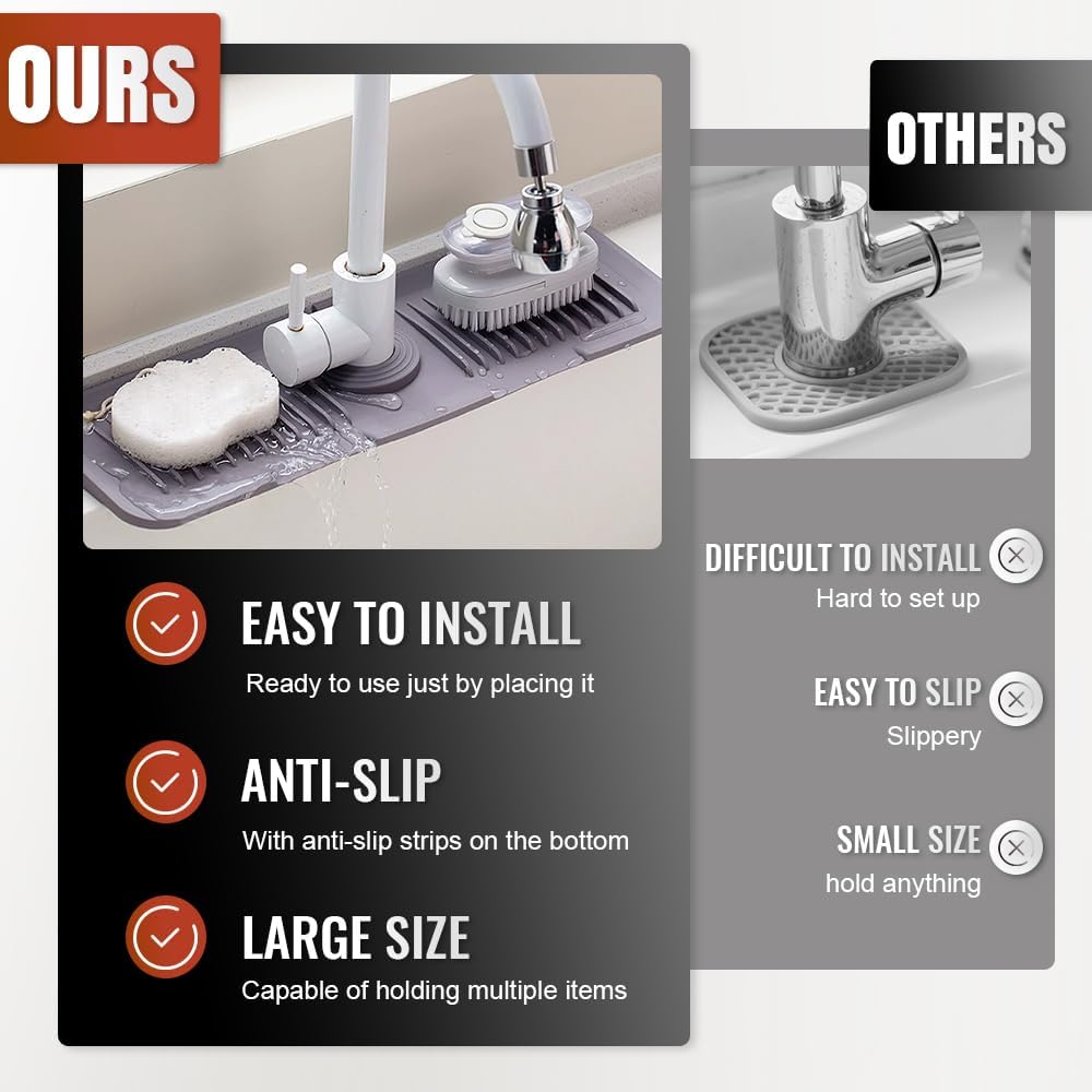 Faucet Guard and Draining Mat for Sink, 2024 New Kitchen Faucet Mat for Kitchen Sink Accessories Gadgets, Silicone Drying Mat for Kitchen Counter Bathroom (Dark Grey, Large)