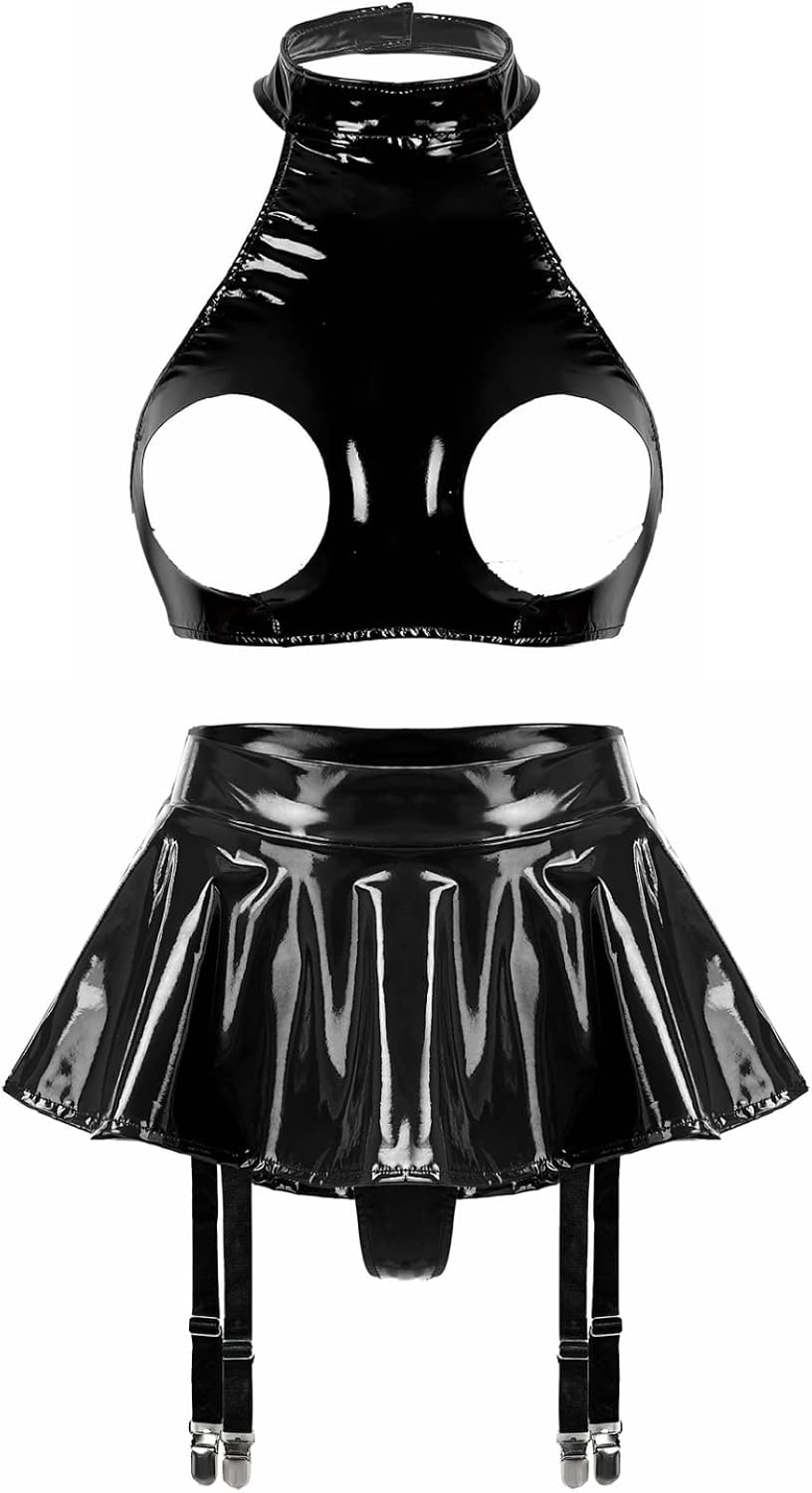 Women's PVC Leather Bodycon Cupless Cage Bra Crop Tank Top and Skirt Set with Garter Belts