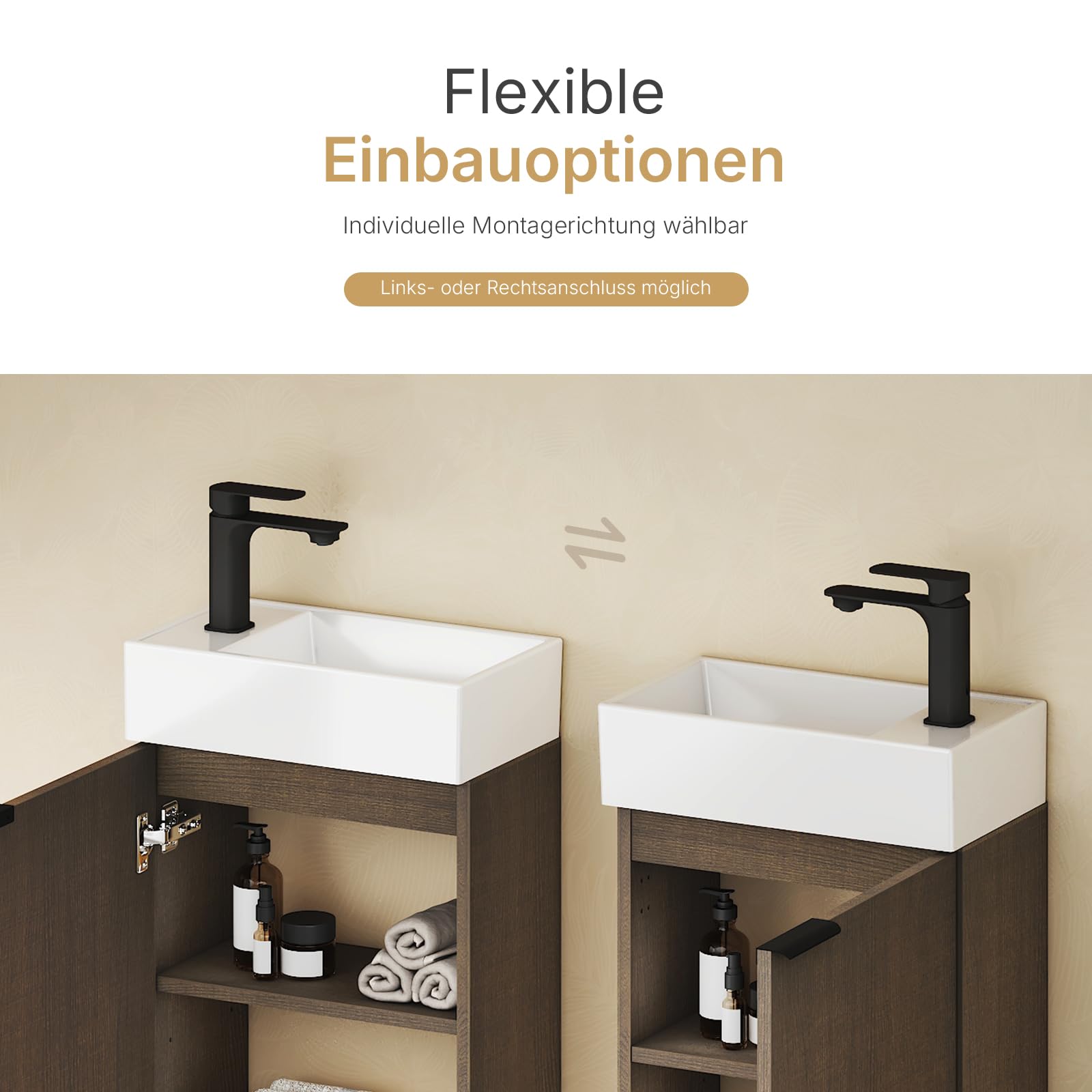 EMKE Waschtisch mit Unterschrank 41 cm, Badmöbel-Set mit Keramikwaschbecken – ideal für Gäste-WC & kleines Bad, Waschbecken mit Unterschrank, Geräucherte Eiche