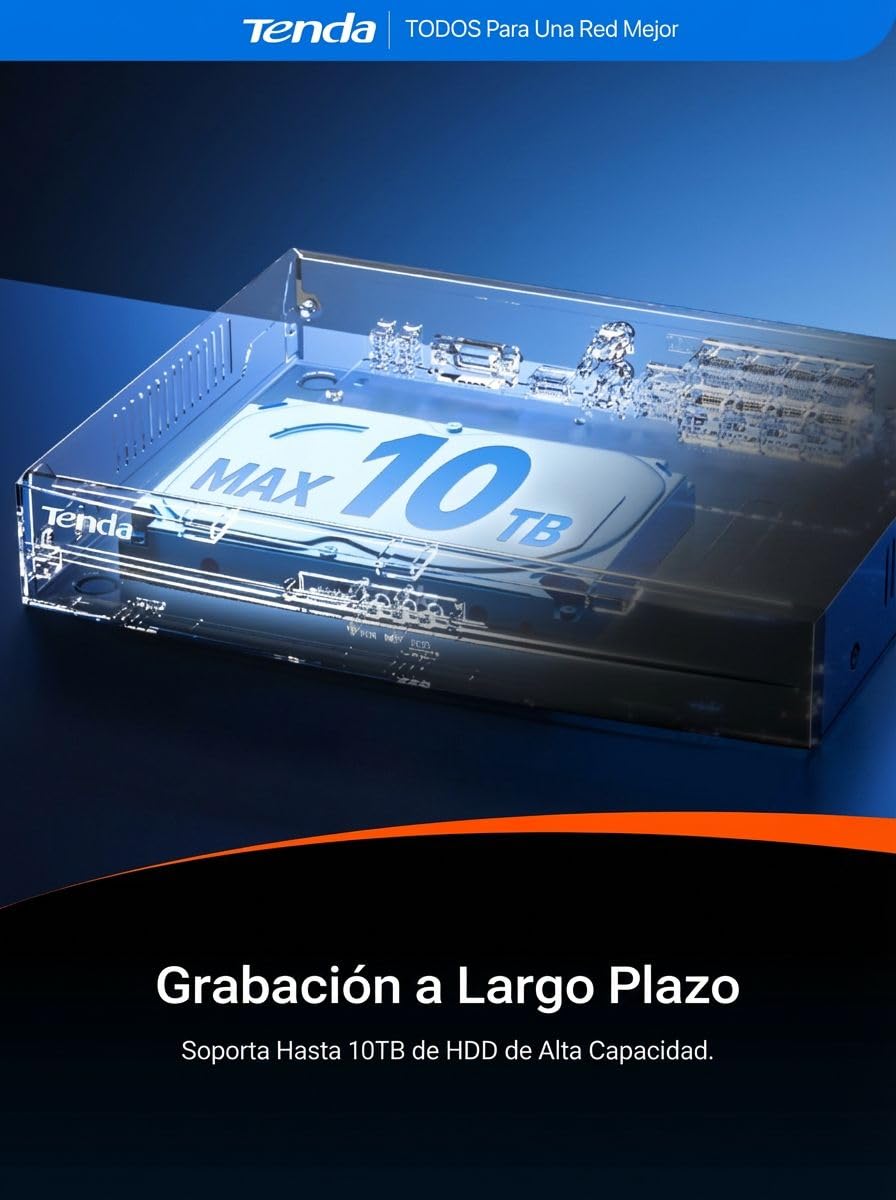 Tenda 4K 8 Canales NVR PoE Grabador de Vigilancia, H.265+, Plug and Play, Soporte para 8MP Cámaras IP, Almacenamiento HDD 10TB/Cloud, Acceso Remoto App, 4KV Protección Contra Sobretensiones, TN3108-8P