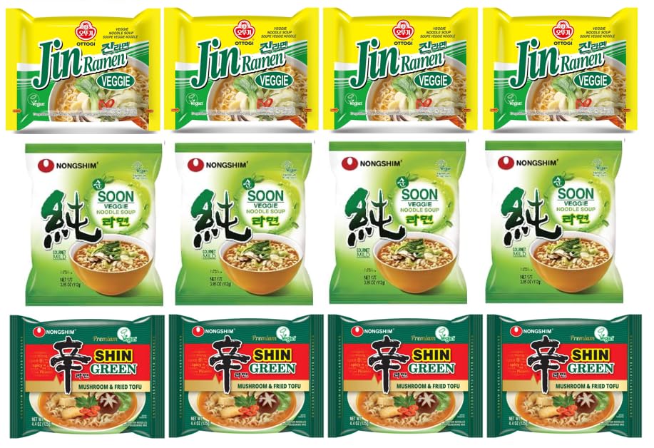 Jin Ramen Veggie (4 Pack) + Soon Vegie Ramen (4 Pack) +Premium Shin Green, Mushroom & Fried Tofu (4 Pack) Combo -K - Food, Veggie Noodle Soup, Vegan Korean Style Instant Noodle/ Ramen/Ramyun, VEGAN,