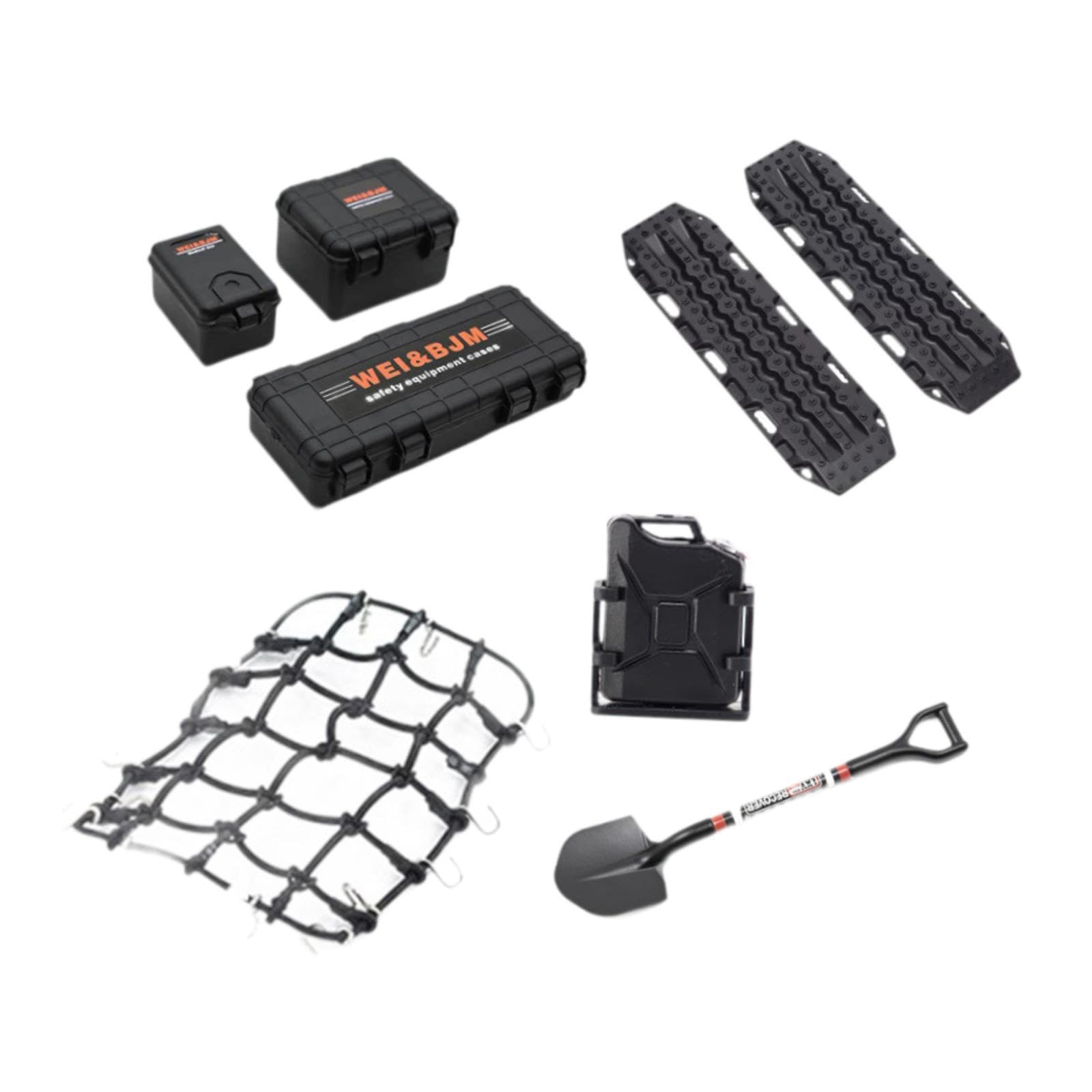 8 Piezas Accesorios para Coche RC Crawler 1 10 con Maletas Tanque de Combustible Red de Equipaje Placas Protectores Pala Simulación Detallada Y, Negro