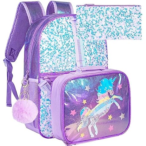 KLFVB 3PCS Unicorn Backpack, 16" Sequin Kids Girls Bookbag and Lunch Box, Preschool Backpacks for Elementary Students Cover