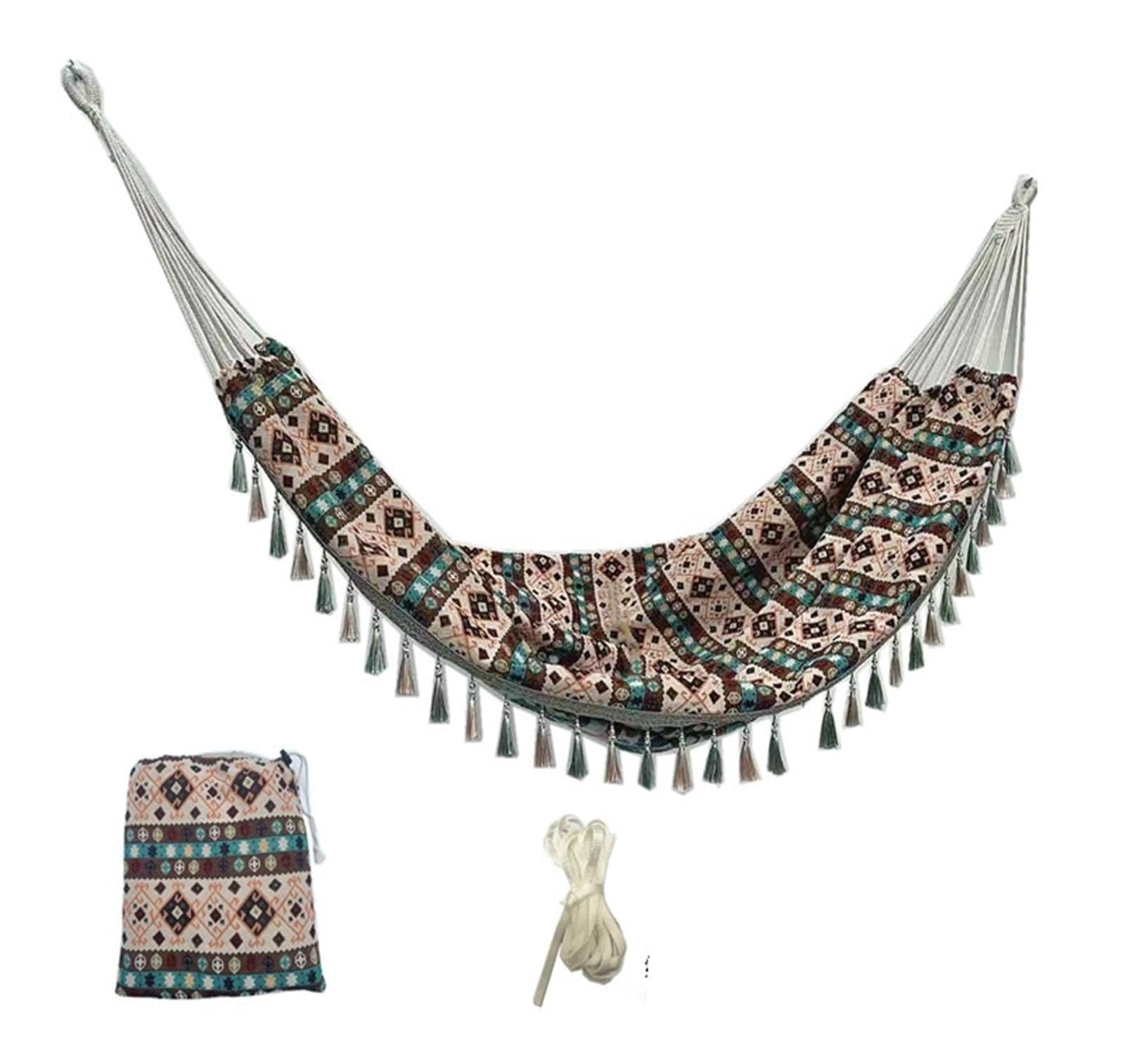 Camping Hammock Double Canvas Swing Outdoor Indoor Suspension Chair Tassel Jacquard Retro Geometry Hammoc(706 hammock rope)