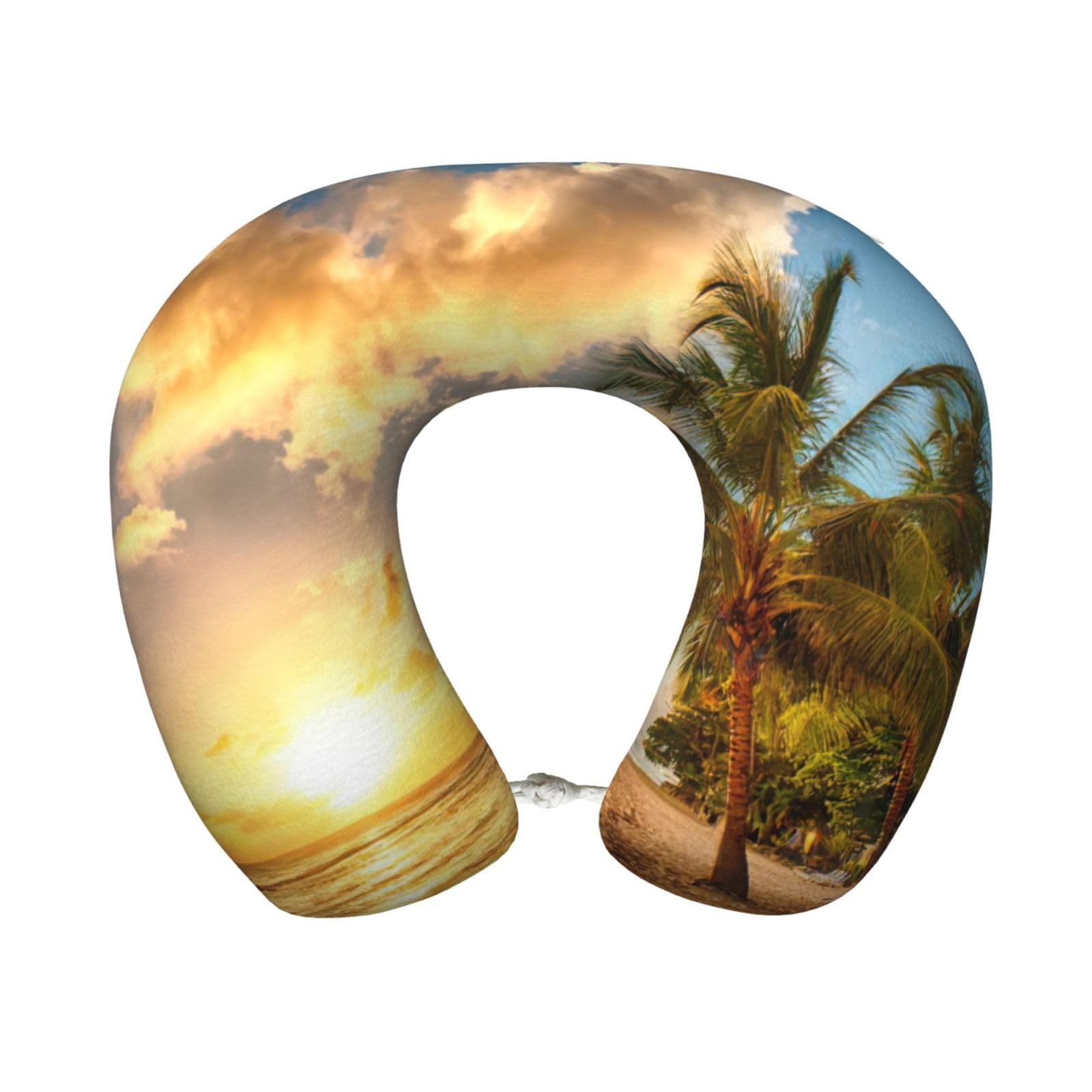 ASFgda U-Shape Memory Foam Sunset Hawaiian Palm Tree Print Travel Pillow,Neck Support,Washable Cover For Airplane Car Home Office
