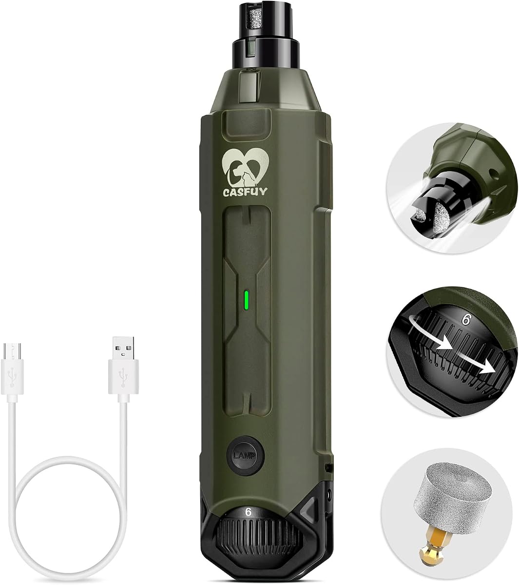 Casfuy Molinillo de uñas para perros de 6 velocidades, el más nuevo molinillo de uñas para mascotas mejorado, súper silencioso, recargable, eléctrico, cortador de uñas para perros, sin dolor, herramienta de aseo y alisado para perros grandes, medianos y pequeños (verde militar)