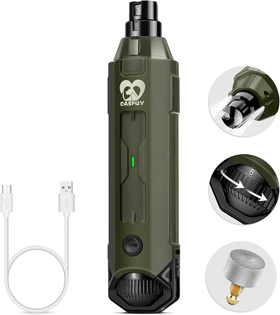 Casfuy 6-Speed Dog Nail Grinder - Newest Enhanced Pet Nail Grinder Super Quiet Rechargeable Electric Dog Nail Trimmer Painless Paws Grooming & Smoothing Tool For Large Medium Small Dogs (Army Green)